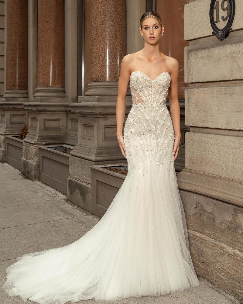 124112 strapless sparkly wedding dress with lace and sweetheart neckline4